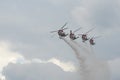 Indian Air Force SARANG aerobatic team on ALH multi-purpose helicopters in the sky of the MAKS-2021 International Aviation and Spa