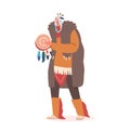 Indian American Chief or Shaman in Tribal Dress and Headwear with Feathers Play Tambourine and Sing. Native Indigenous