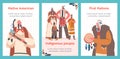 Indian American Indigenous People Cartoon Banners. Warrior, Men, Women and Children, Chief or Shaman Characters Royalty Free Stock Photo