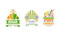 Indian, Arabic, Chinese Ethnic Cuisines Restaurant Logo Set, National Food Cafe Label, Emblem, Badge Vector Illustration