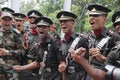 Indian army cadets celebrate after their graduation ceremony at the Indian military academy Dehradun .