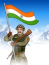 Indian Army soilder holding falg of India with pride Royalty Free Stock Photo