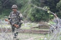 Indian Army soldiers patrol at an army helipad near the Line of Control LoC near Poonch