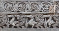 Indian artwork on the Hindu temple walls with mythical swans. 12th centur Hoysaleshwara temple in Halebidu, India. Royalty Free Stock Photo