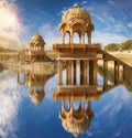 Gadi Sagar temple on Gadisar lake Jaisalmer, India. Royalty Free Stock Photo