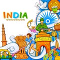 Indian background showing its incredible culture and diversity with monument, dance and festival celebration for 15th