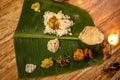 Indian banana leaf rice, Vegetarian meals served on banana leaf, traditional south indian cuisine Royalty Free Stock Photo