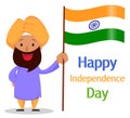 Indian bearded man in a turban holding national flag. Independe
