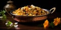 Indian biryani in copper bowl with flowers and spices, AI Royalty Free Stock Photo