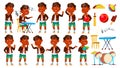 Indian Boy Kindergarten Kid Poses Set Vector. Preschool. Young Person. Cheerful. For Web, Brochure, Poster Design