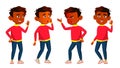 Indian Boy Schoolboy Poses Set Vector. Primary School Child. Happy Childhood. Abc. Friend, Stages. For Web, Poster