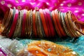 Indian bracelets on beautiful shawl. Indian fashion