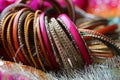 Indian bracelets on beautiful shawl. Indian fashion