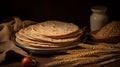 Indian Bread Roti or Chapati with Wheat Ears on Tabletop Background