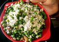 Indian Breakfast Dish Poha Also Know as Pohe or Aalu poha made up of Beaten Rice or Flattened Rice. Royalty Free Stock Photo