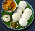 Indian Breakfast - idli with sambhar stew,coconut chutney and curry leaves powder