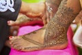 Indian Bride on the eve of her wedding day with henna on her feet.