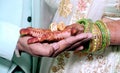 An Indian bride and groom holding their hands with ring during a Hindu wedding ritual Royalty Free Stock Photo