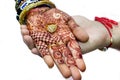 An Indian bride and groom holding their hands with ring during a Hindu wedding ritual Royalty Free Stock Photo