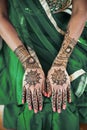 Indian bride showing menhdi henna tattoo on back hand, Close-up Royalty Free Stock Photo