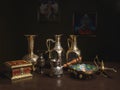 Indian bronze tableware on a wooden table