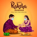 Indian brother and sister wearing surgical mask. happy Raksha Bandhan festival. Rakhi celebration in india vector illustration. Royalty Free Stock Photo