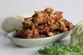 Indian cabbage fritters. Made with shredded cabbage, chickpea flour, green chilies, coriander leaves and spices. Deep fried in Royalty Free Stock Photo