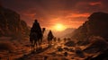 Indian camel driver bedouin with camel silhouettes in sand dunes of Thar desert on sunset. Generative AI