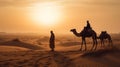 indian (camel driver) bedouin with camel silhouettes in sand dunes of Thar desert on sunset