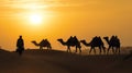 Indian cameleers with camel silhouettes in sand dunes of Thar desert on sunset. Travel tourism background adventure. generative ai