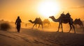 Indian cameleers bedouin with camel silhouettes in sand dunes of Thar desert on sunset. Generative ai Royalty Free Stock Photo