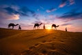 Indian cameleers camel driver with camel silhouettes in dunes on sunset. Jaisalmer, Rajasthan, India