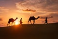 Indian cameleers camel driver with camel silhouettes in dunes on sunset. Jaisalmer, Rajasthan, India Royalty Free Stock Photo