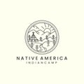 indian camp and mountain with badge and line art style logo icon template design. teepees, native, america, sun, tree, vector