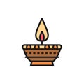 Indian candle, Diwali Diya oil lamp flat color line icon. Royalty Free Stock Photo