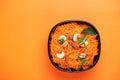 Indian carrot Gajar halwa. Copyspace, top view, flatlay. Color s