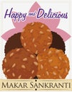 Delicious Til Laddus and Greeting Scroll for Traditional Makar Sankranti, Vector Illustration