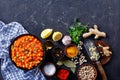 Indian chana masala on a plate with ingredients