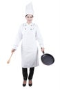 Indian chef holds spoon and frying pan Royalty Free Stock Photo