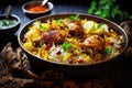 Indian chicken biryani with basmati rice served in a bowl, Chicken biryani Spicy Indian Malabar biryani Hyderabadi biryani, AI Royalty Free Stock Photo