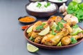 Indian chicken tandoori, marinated in greek yogurt and spices, served with lime wedges and cilantro, horizontal, copy space