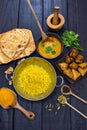 Indian chicken tikka masala curry in balti dish served with pilau rice and side dishes Royalty Free Stock Photo