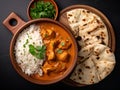 Indian chicken tikka masala with rice and naan bread on black background. Top view