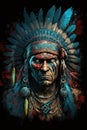 Indian chief with warbonnet or headdress. Native american tribal warrior and leader. Ai generative