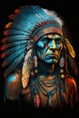Indian chief with warbonnet or headdress. Native american tribal warrior and leader. Ai generative