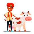 Indian Child Boy In Turban With Cow Vector. Isolated Illustration Royalty Free Stock Photo