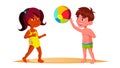 Indian Child Girl And European Boy In Beach Suits Playing Ball On The Beach Vector. Isolated Illustration Royalty Free Stock Photo