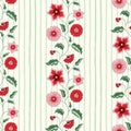 Indian Chintz Flowers and Vertical Stripes Vector Seamless Pattern Royalty Free Stock Photo