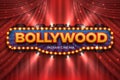 Indian cinema background. Bollywood film poster with red drapes, 3D realistic movie award stage. Vector Bollywood Royalty Free Stock Photo