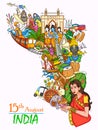 Indian collage illustration showing culture, tradition and festival on Happy Independence Day of India